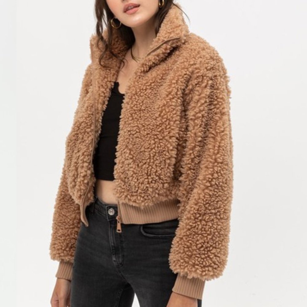 NEW Camel Cozy Soft Fluffy Fur Teddy Bomber Jacket - Picture 8 of 10
